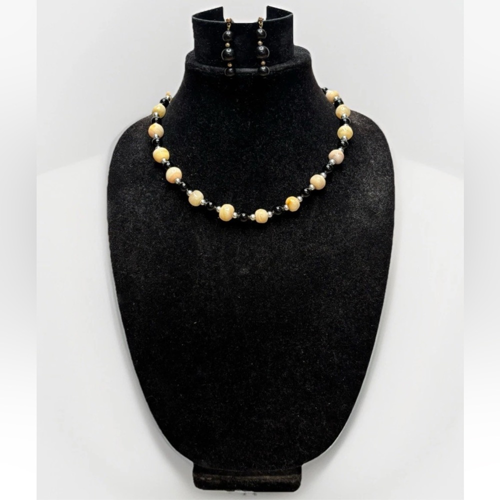 Black, White, & Silver Ceramic Beaded Necklace & Black Earrings Set #4315
